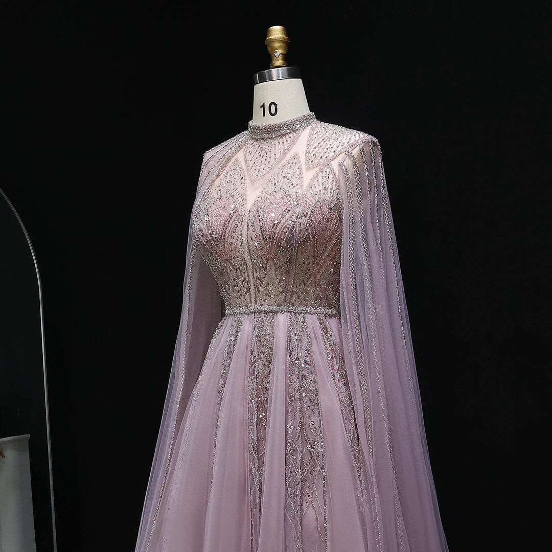 Luxury Pink Arabic Evening Dress with Cape Sleeves Gowns SS050