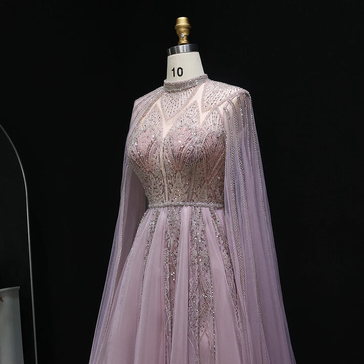 Luxury Pink Arabic Evening Dress with Cape Sleeves Gowns SS050
