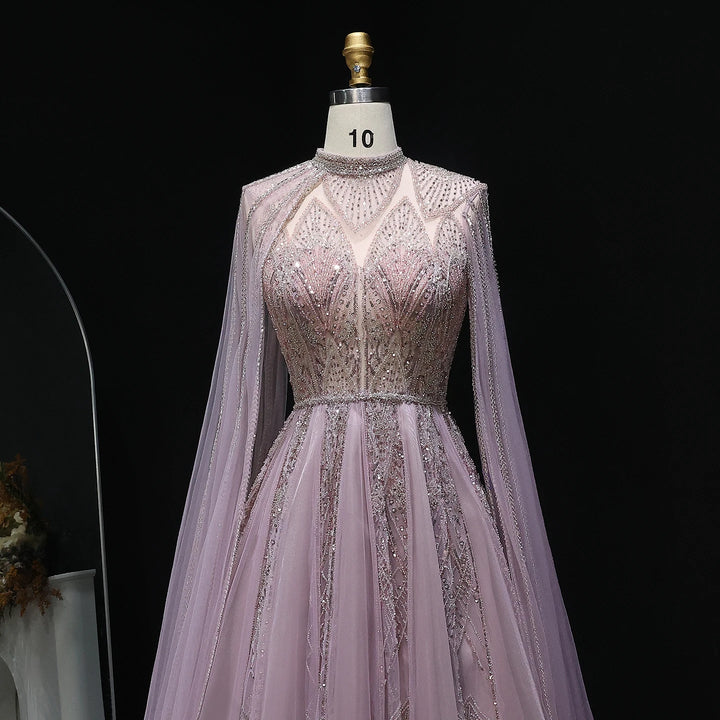 Luxury Pink Arabic Evening Dress with Cape Sleeves Gowns SS050