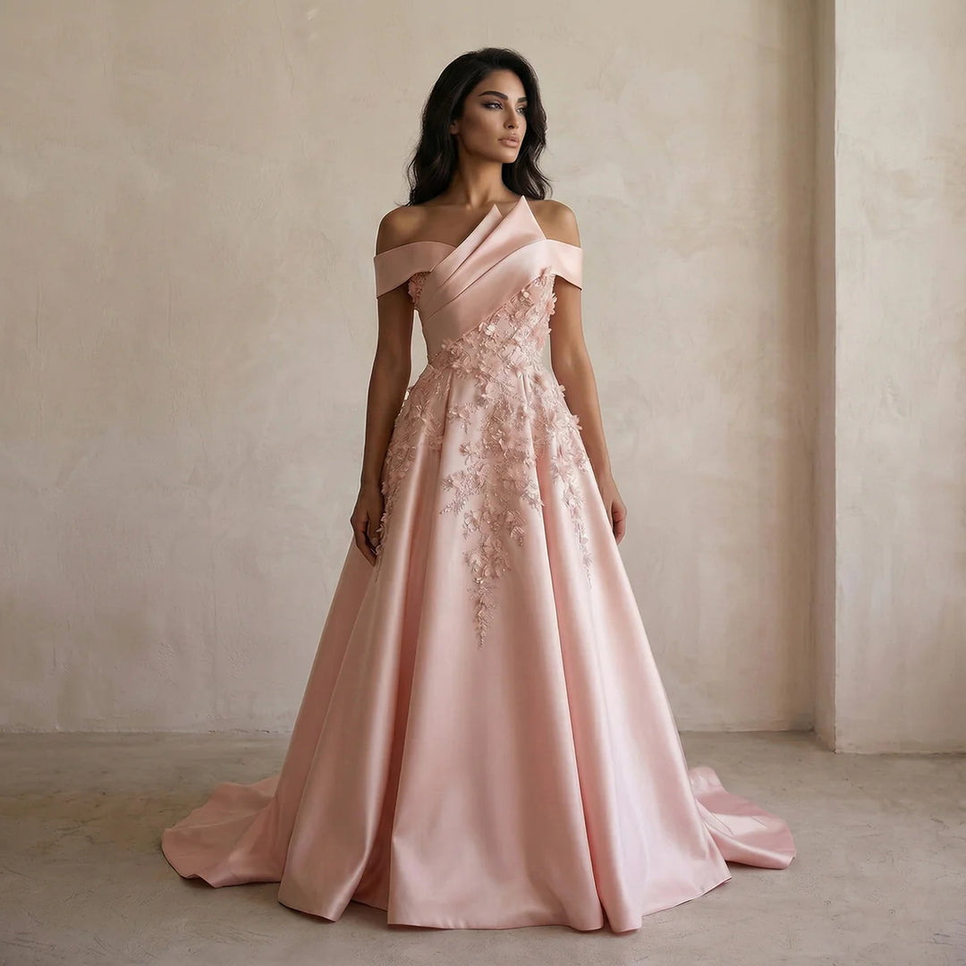 Luxury Pink Ball Gown Evening Dress with 3D Floral Sequin Details XD094-DreamyVow