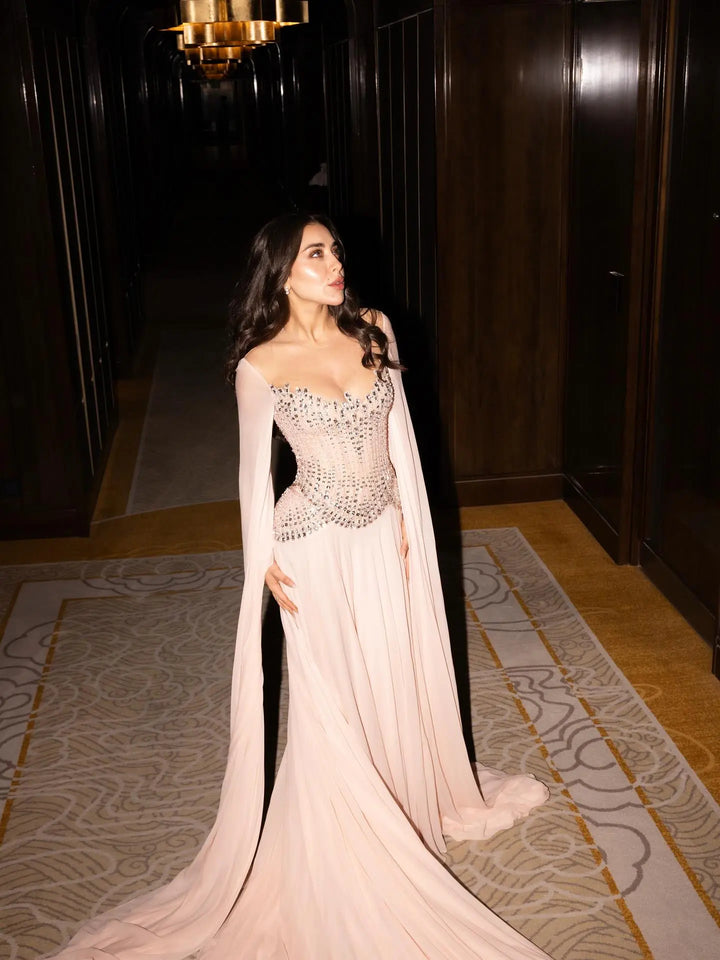 Luxury Pink Beaded Corset Evening Dress with Long Draped Sleeves SS367-DreamyVow