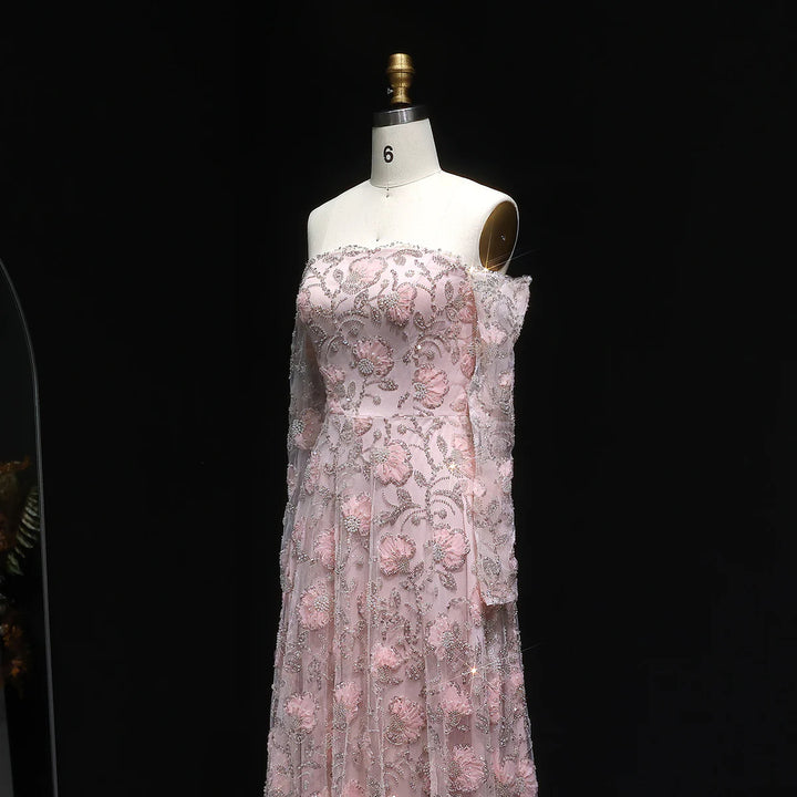 Luxury Pink Beaded Embroidered Long Sleeve Evening Dress SS638-DreamyVow