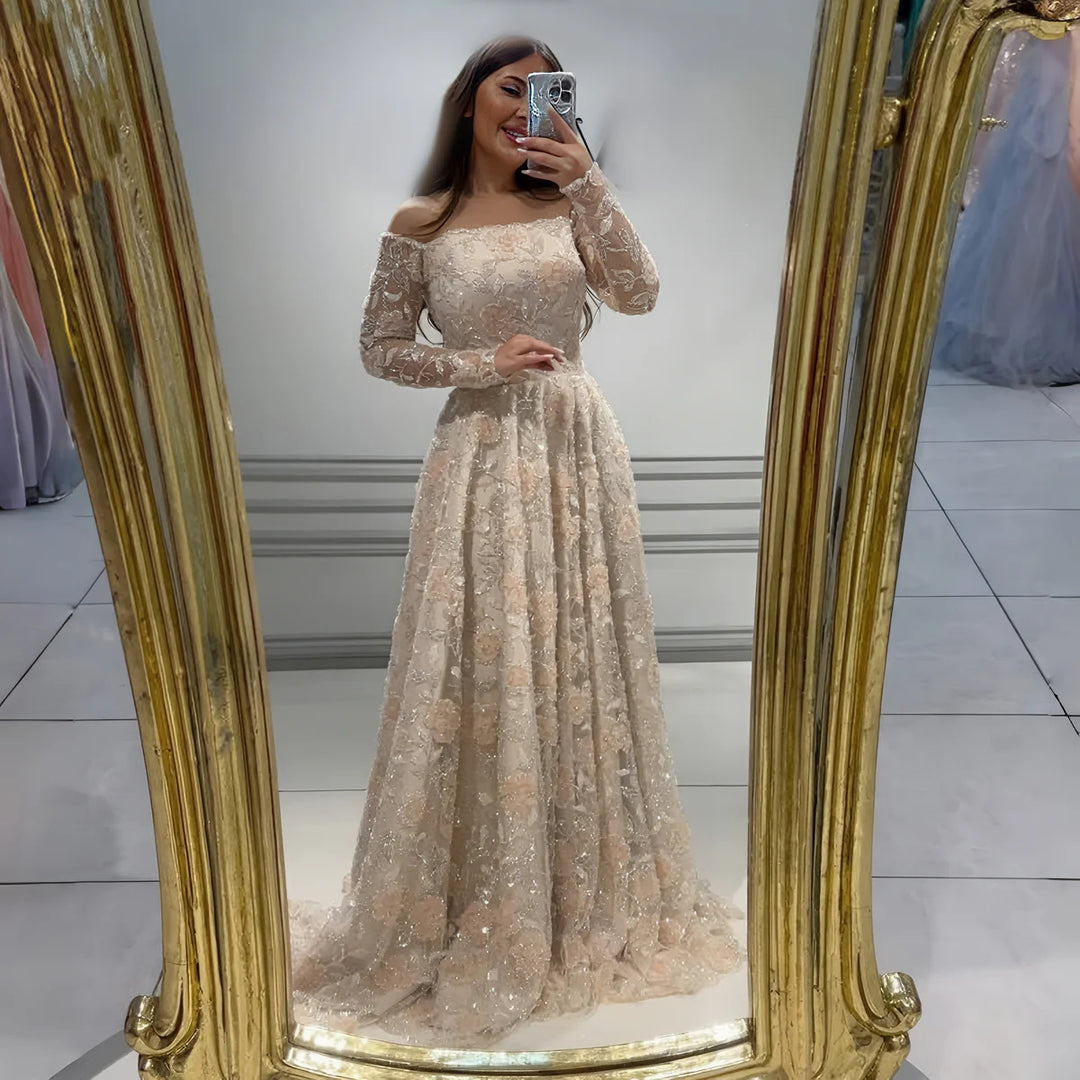 Luxury Pink Beaded Embroidered Long Sleeve Evening Dress SS638-DreamyVow