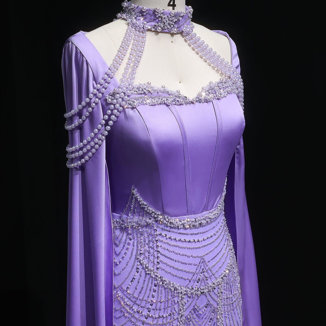 Luxury Pink Beaded Evening Dress with Cape Sleeves SS662 DreamyVow Luxury Pink Beaded Evening Dress with Cape Sleeves SS662 DreamyVow