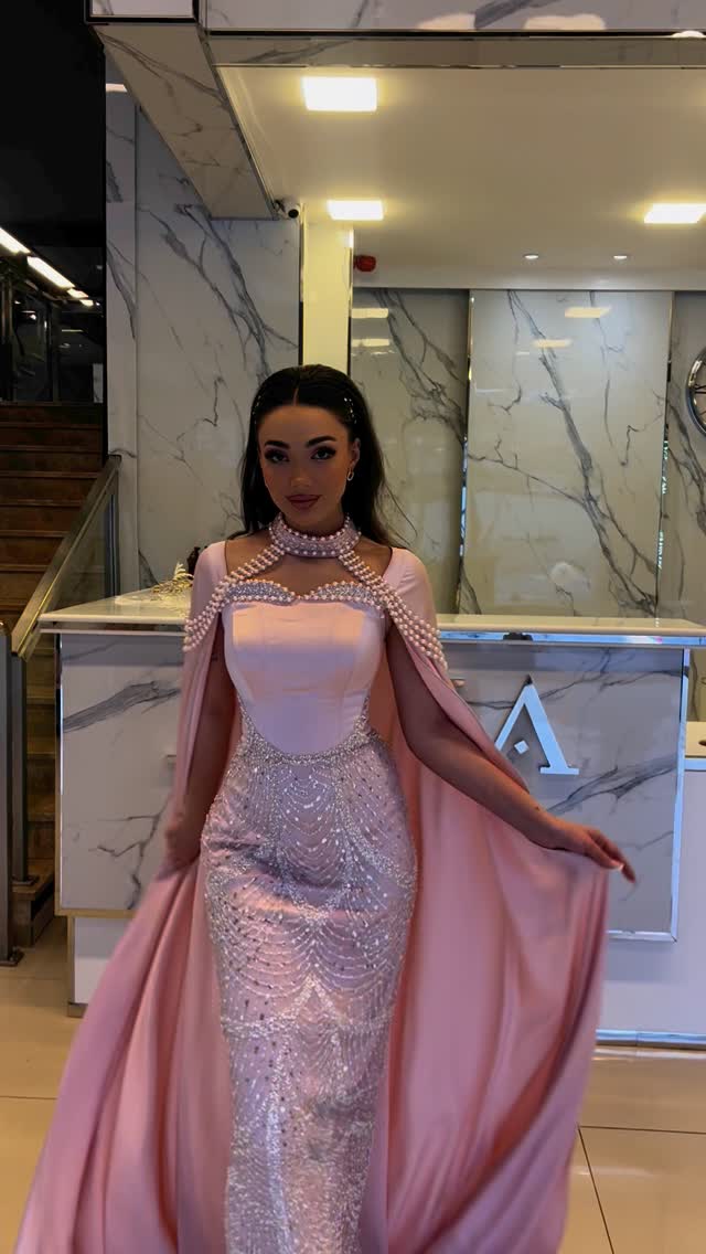 Luxury Pink Beaded Evening Dress with Cape Sleeves SS662, Rose / 12