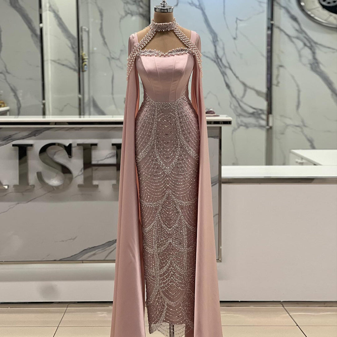 Luxury Pink Beaded Evening Dress with Cape Sleeves SS662