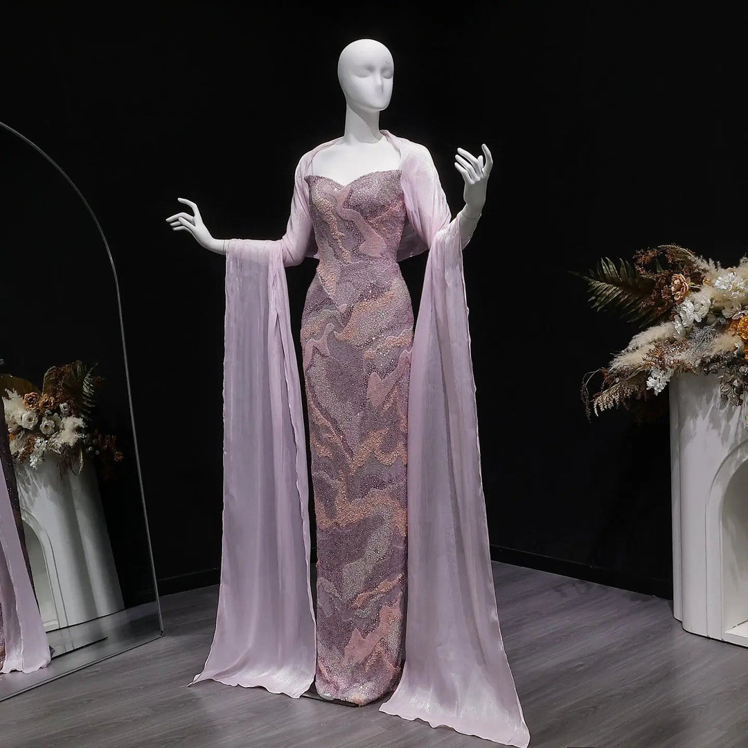 Luxury Pink Beaded Evening Dress with Long Sheer Cape Sleeves SS658-DreamyVow