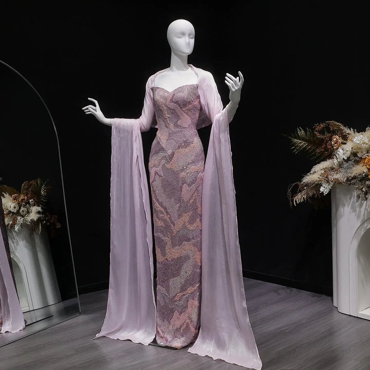Luxury Pink Beaded Evening Dress with Long Sheer Cape Sleeves SS658-DreamyVow