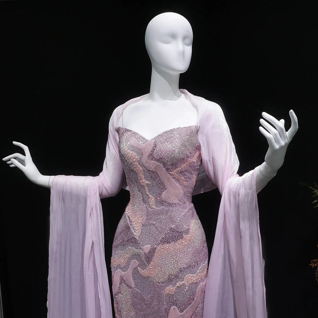 Luxury Pink Beaded Evening Dress with Long Sheer Cape Sleeves SS658-DreamyVow