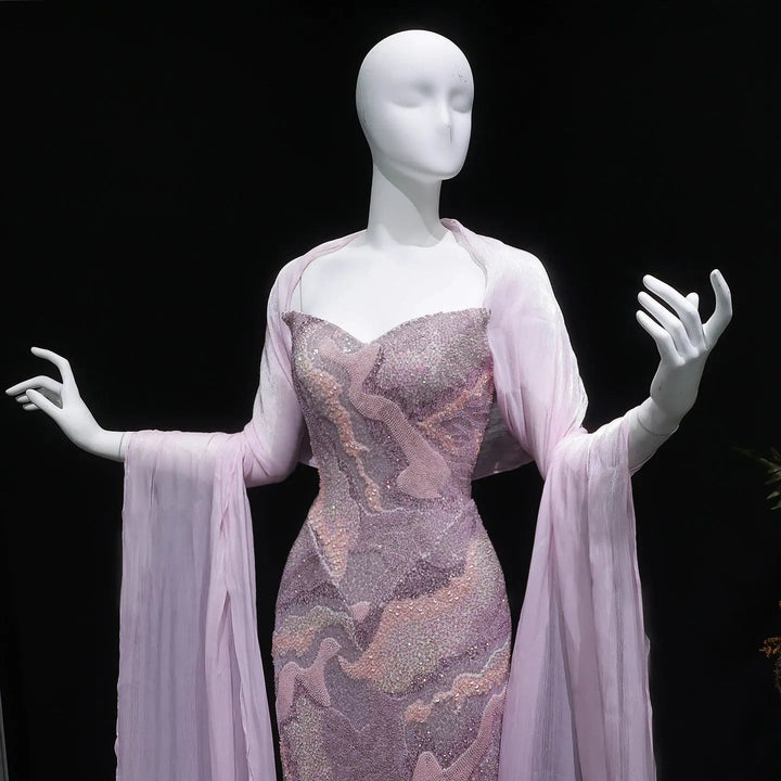 Luxury Pink Beaded Evening Dress with Long Sheer Cape Sleeves SS658-DreamyVow