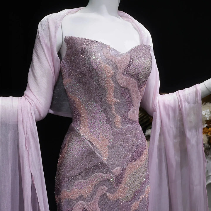 Luxury Pink Beaded Evening Dress with Long Sheer Cape Sleeves SS658-DreamyVow