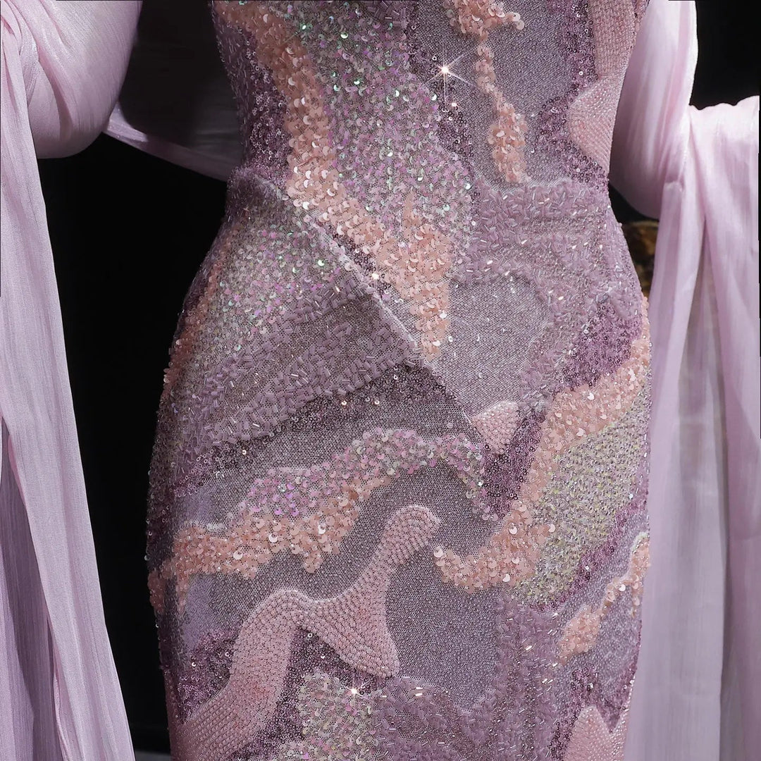 Luxury Pink Beaded Evening Dress with Long Sheer Cape Sleeves SS658-DreamyVow