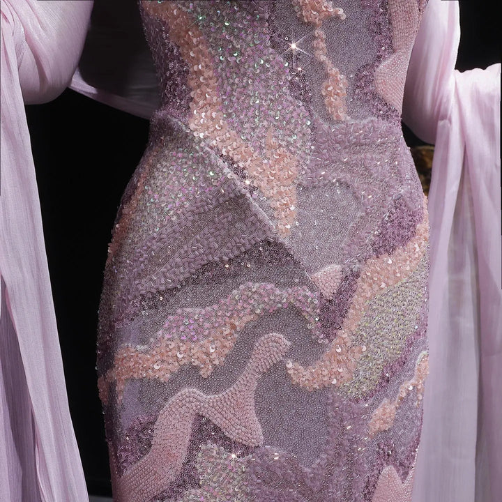 Luxury Pink Beaded Evening Dress with Long Sheer Cape Sleeves SS658-DreamyVow