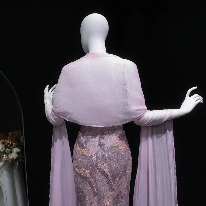 Luxury Pink Beaded Evening Dress with Long Sheer Cape Sleeves SS658-DreamyVow