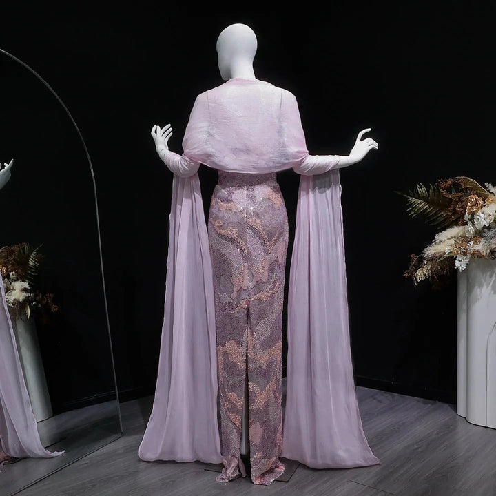Luxury Pink Beaded Evening Dress with Long Sheer Cape Sleeves SS658-DreamyVow