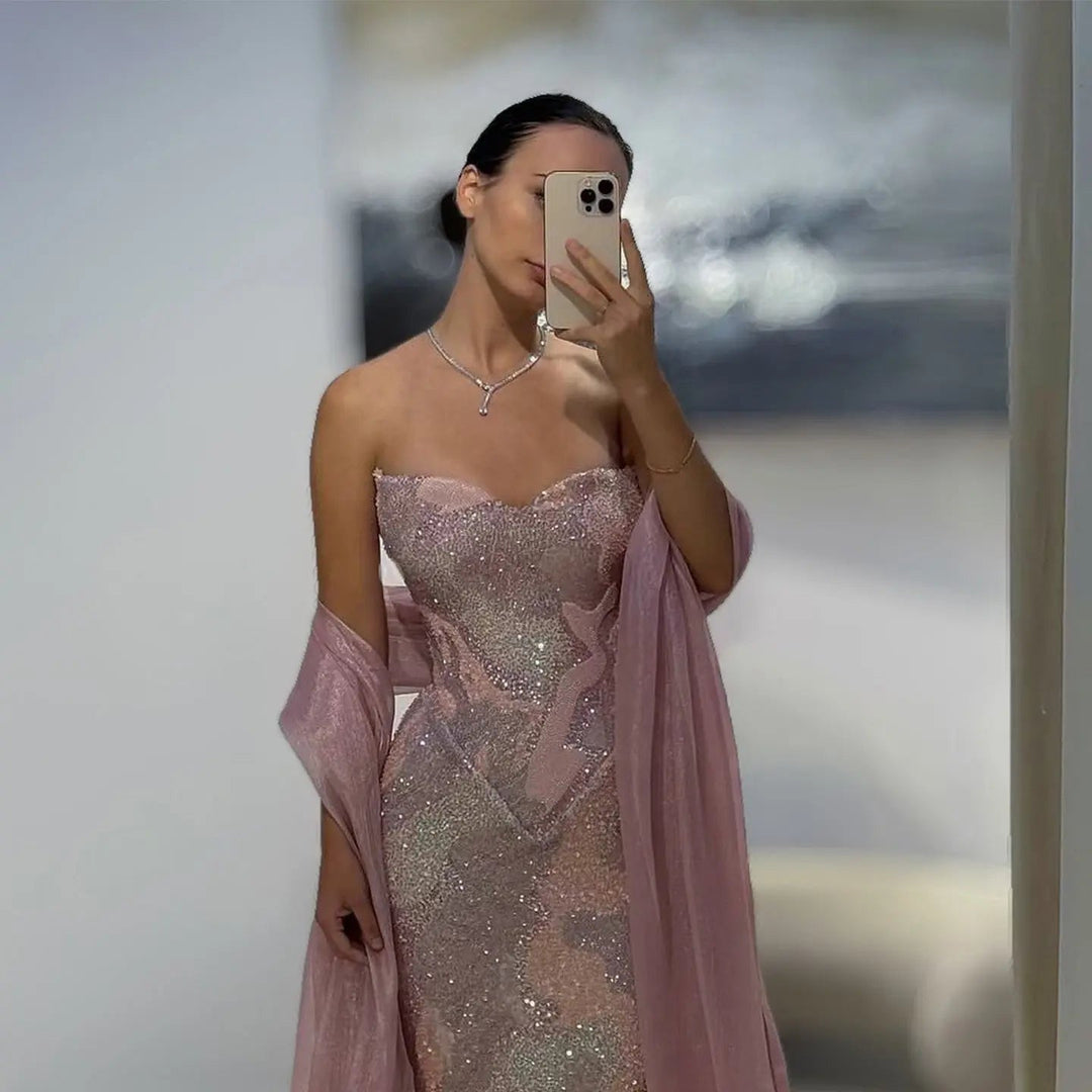 Luxury Pink Beaded Evening Dress with Long Sheer Cape Sleeves SS658-DreamyVow