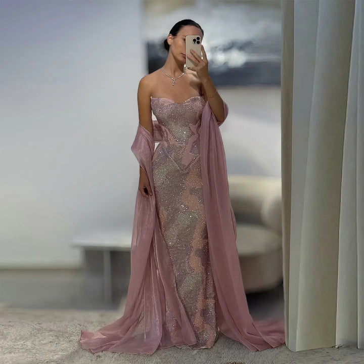 Luxury Pink Beaded Evening Dress with Long Sheer Cape Sleeves SS658-DreamyVow