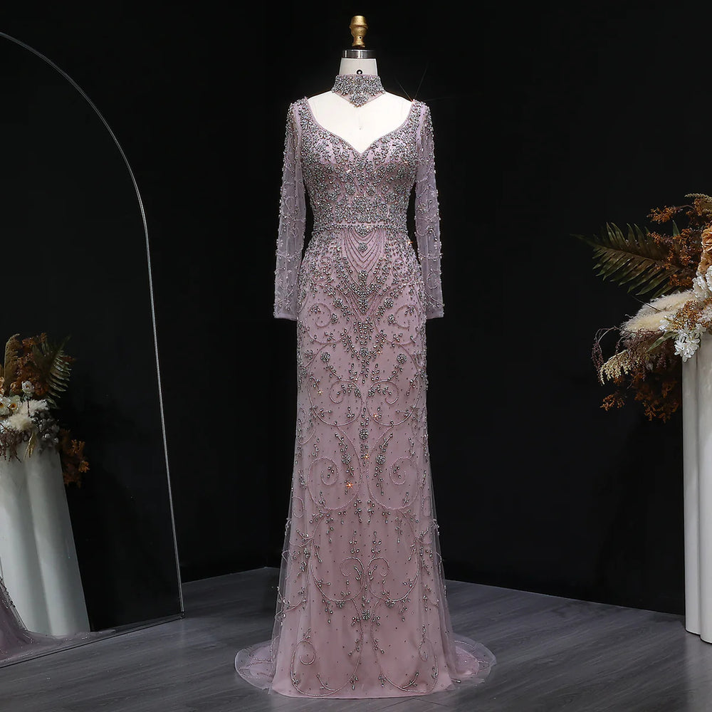 Luxury Pink Crystal Long Sleeve Prom Dress with Neckpiece SS181-DreamyVow