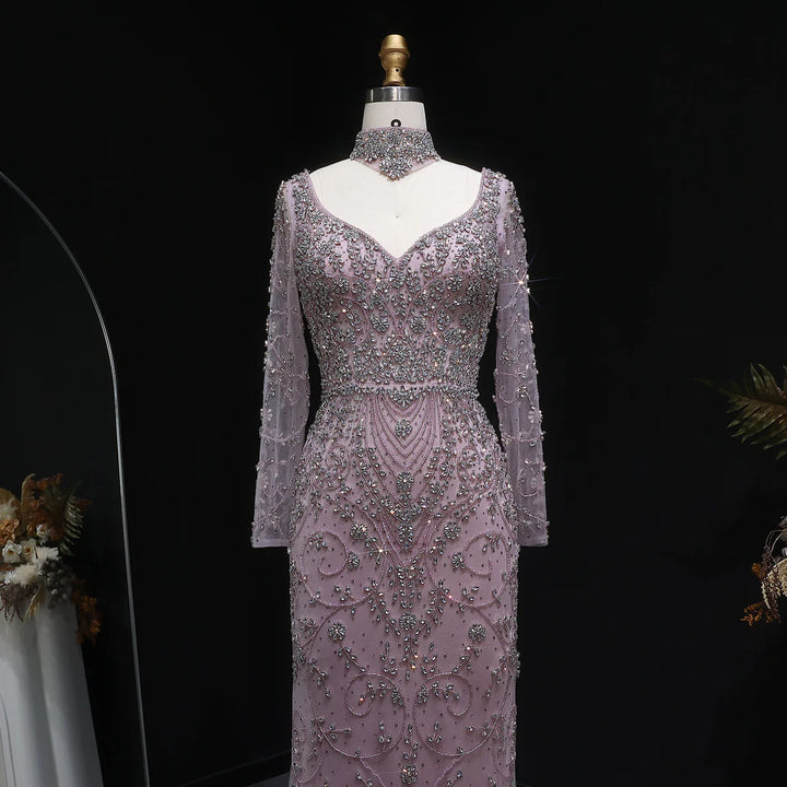 Luxury Pink Crystal Long Sleeve Prom Dress with Neckpiece SS181-DreamyVow