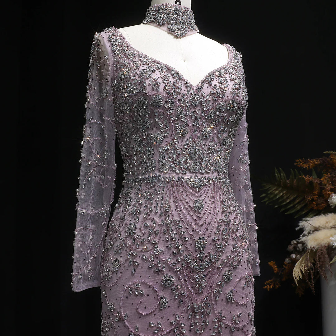 Luxury Pink Crystal Long Sleeve Prom Dress with Neckpiece SS181-DreamyVow