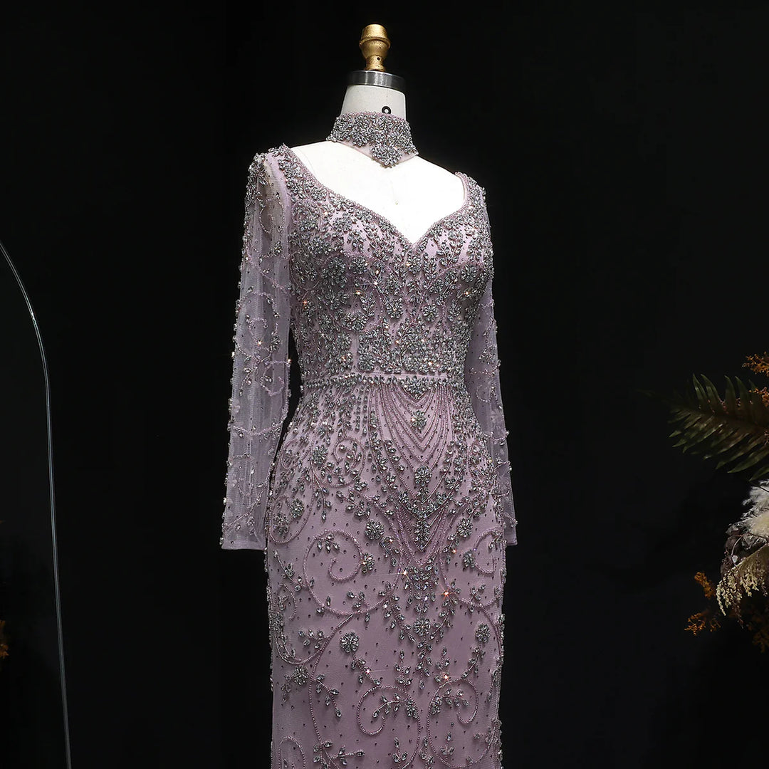Luxury Pink Crystal Long Sleeve Prom Dress with Neckpiece SS181-DreamyVow