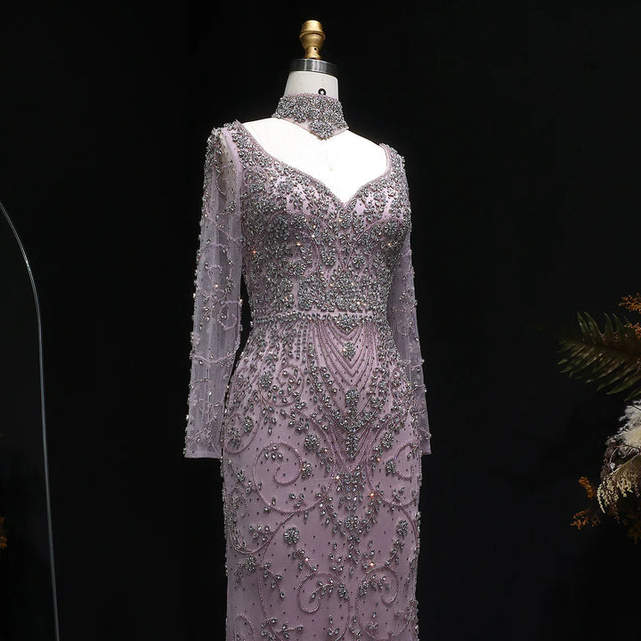 Luxury Pink Crystal Long Sleeve Prom Dress with Neckpiece SS181-DreamyVow