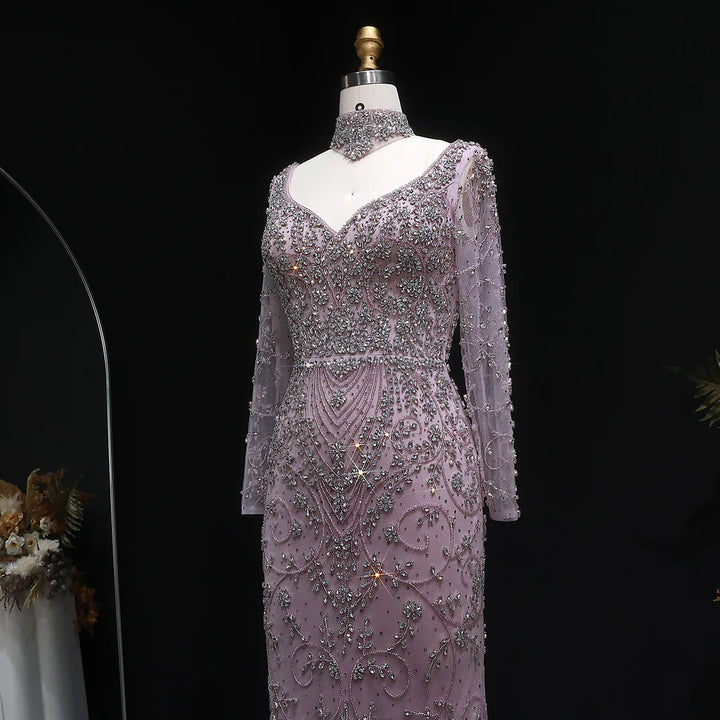 Luxury Pink Crystal Long Sleeve Prom Dress with Neckpiece SS181-DreamyVow