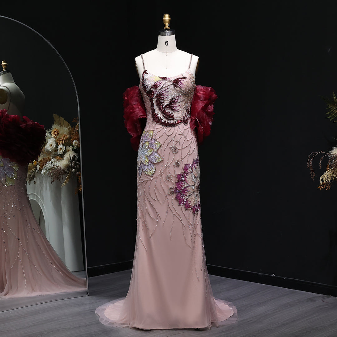 Luxury Pink Evening Dress with Burgundy Shawl Cape Spaghetti Straps SS   DreamyVow