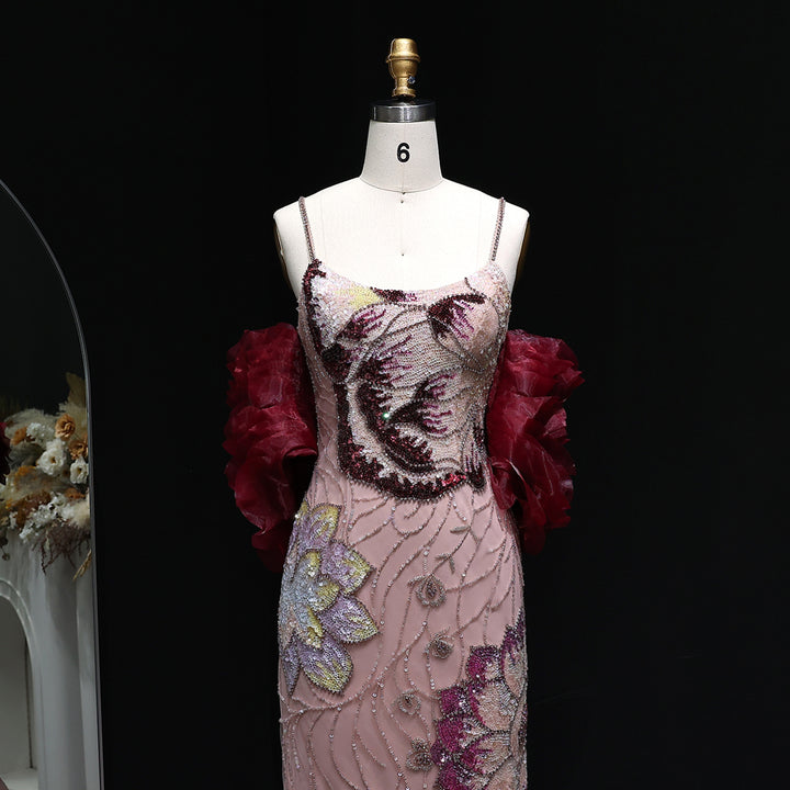 Luxury Pink Evening Dress with Burgundy Shawl Cape Spaghetti Straps SS515