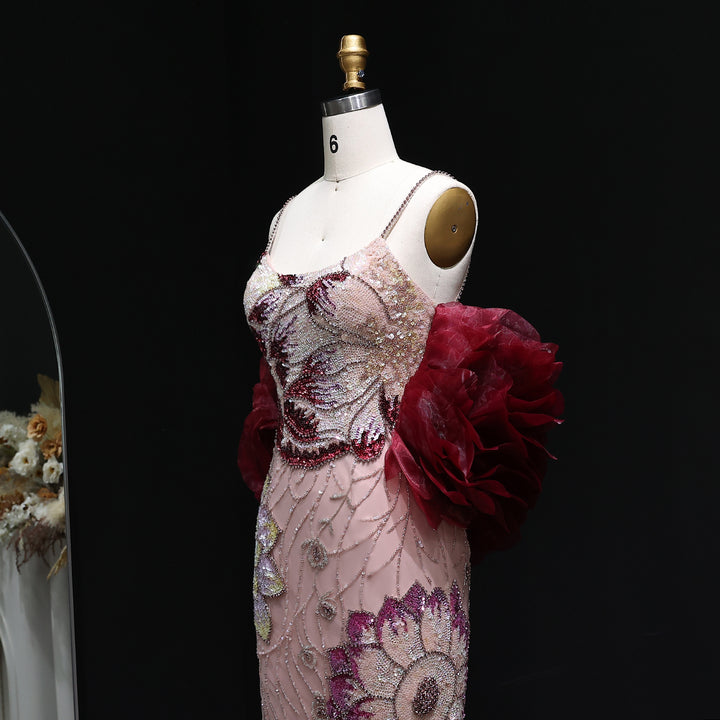 Luxury Pink Evening Dress with Burgundy Shawl Cape Spaghetti Straps SS515