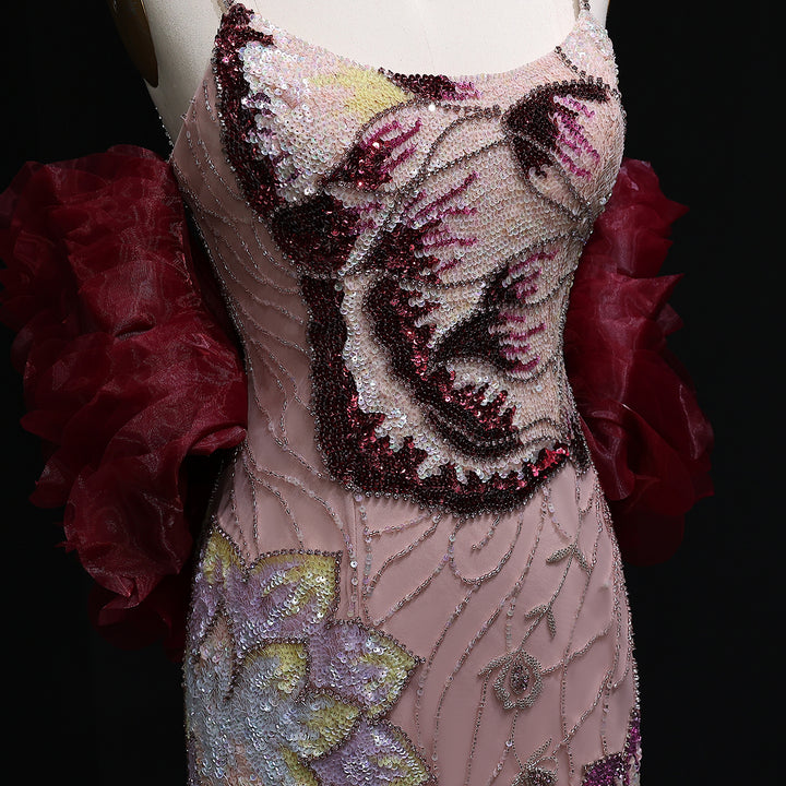 Luxury Pink Evening Dress with Burgundy Shawl Cape Spaghetti Straps SS515