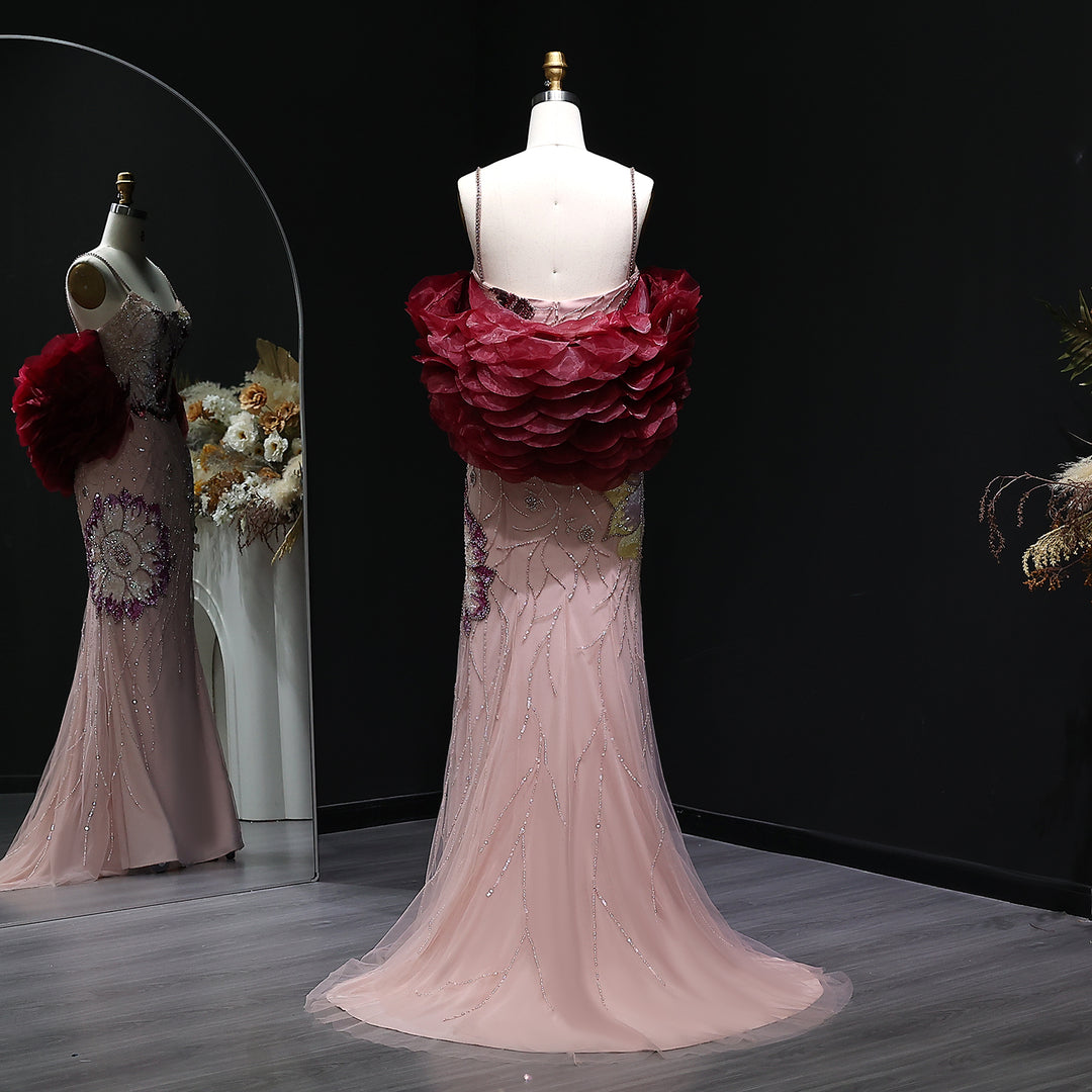 Luxury Pink Evening Dress with Burgundy Shawl Cape Spaghetti Straps SS515