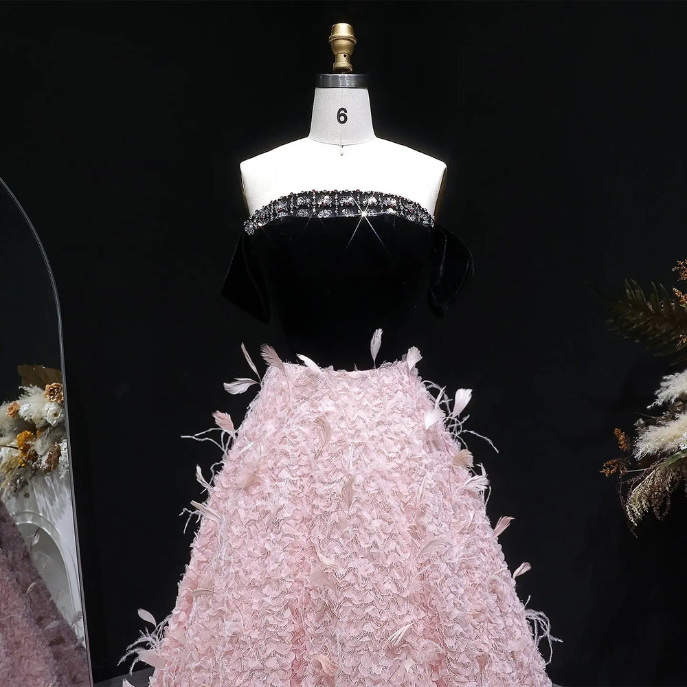 Luxury Pink Feather Ball Gown Off Shoulder Evening Dress SS721-DreamyVow