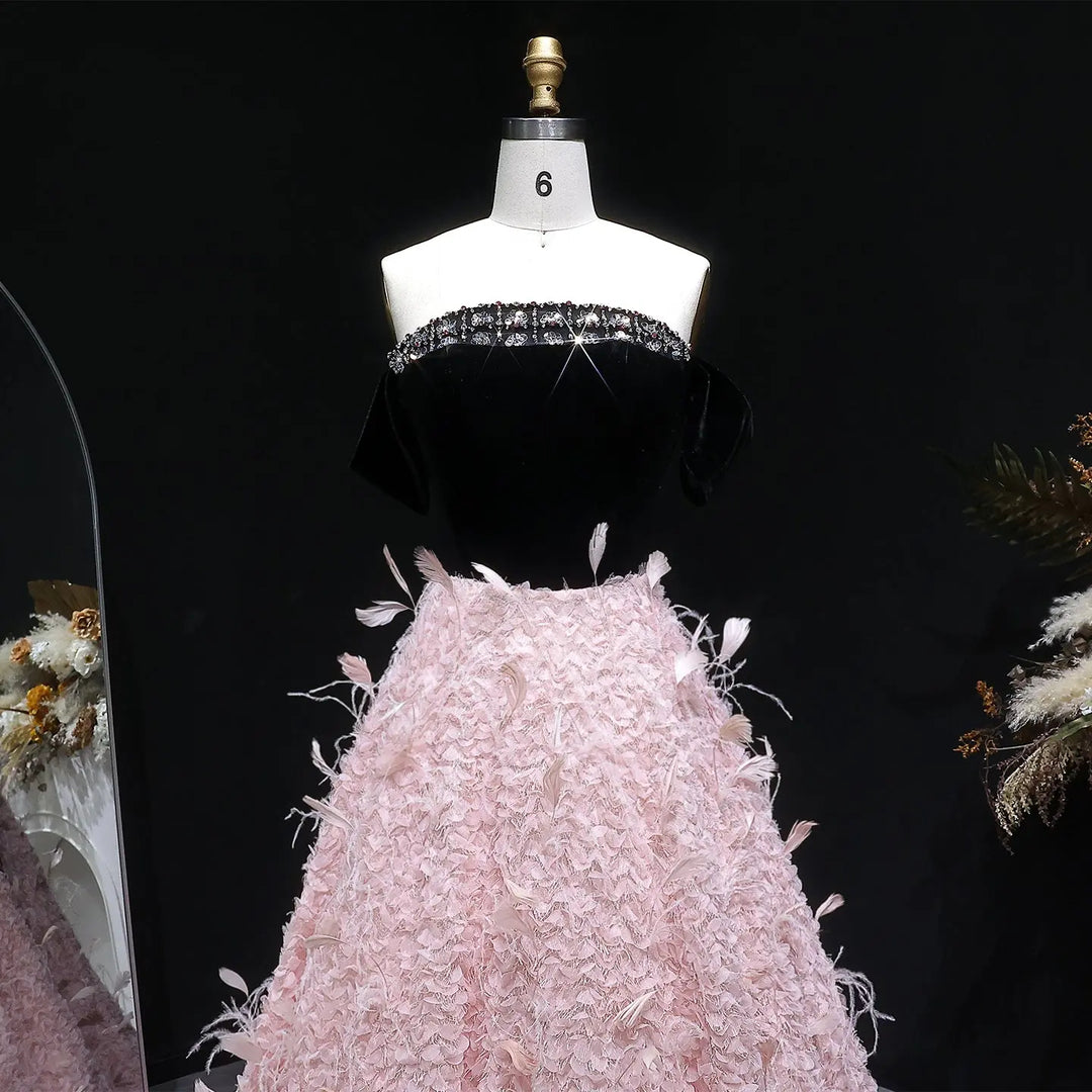 Luxury Pink Feather Ball Gown Off Shoulder Evening Dress SS721-DreamyVow