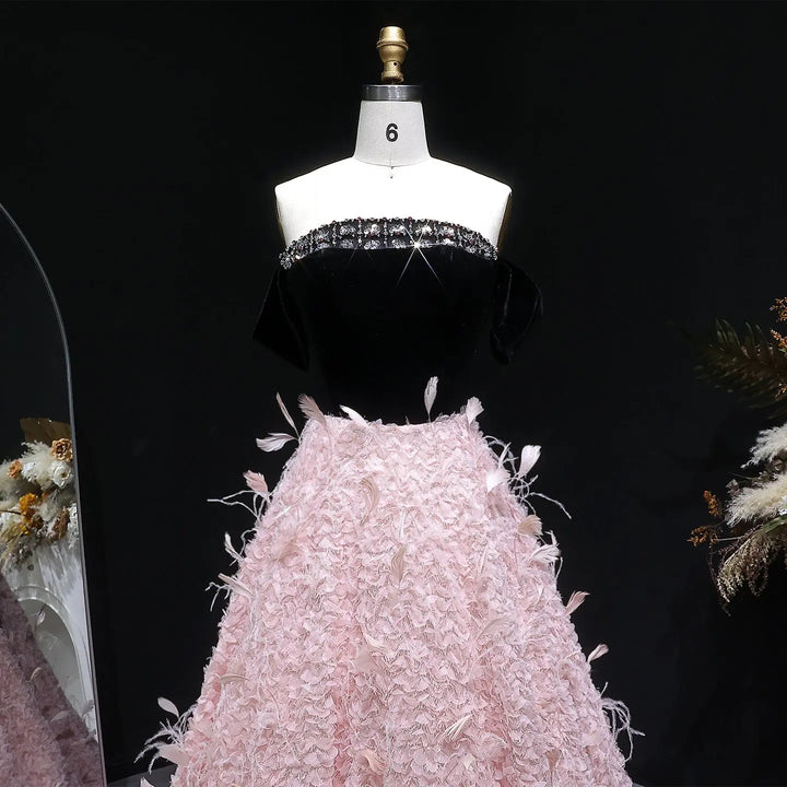 Luxury Pink Feather Ball Gown Off Shoulder Evening Dress SS721-DreamyVow