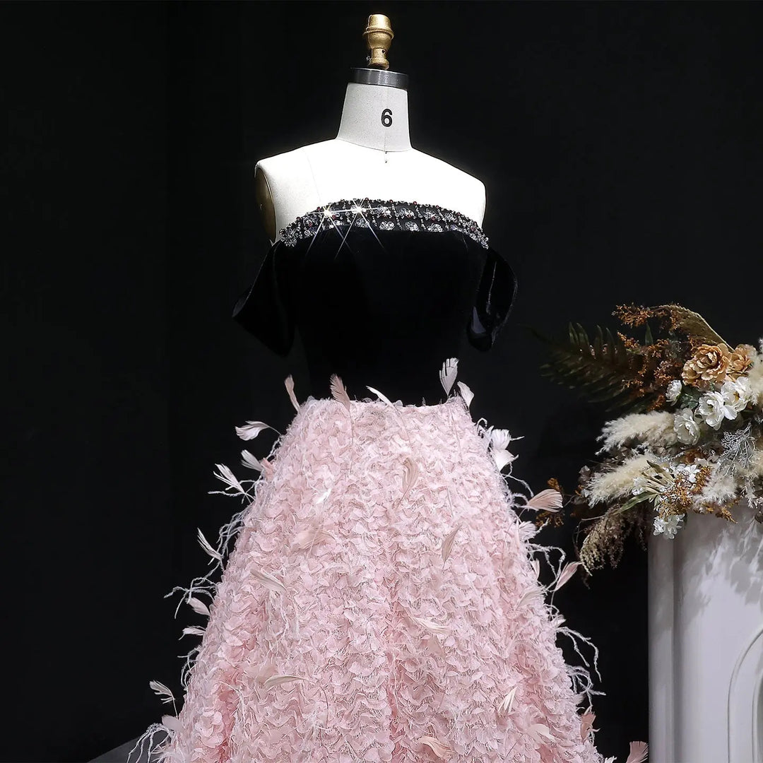Luxury Pink Feather Ball Gown Off Shoulder Evening Dress SS721-DreamyVow