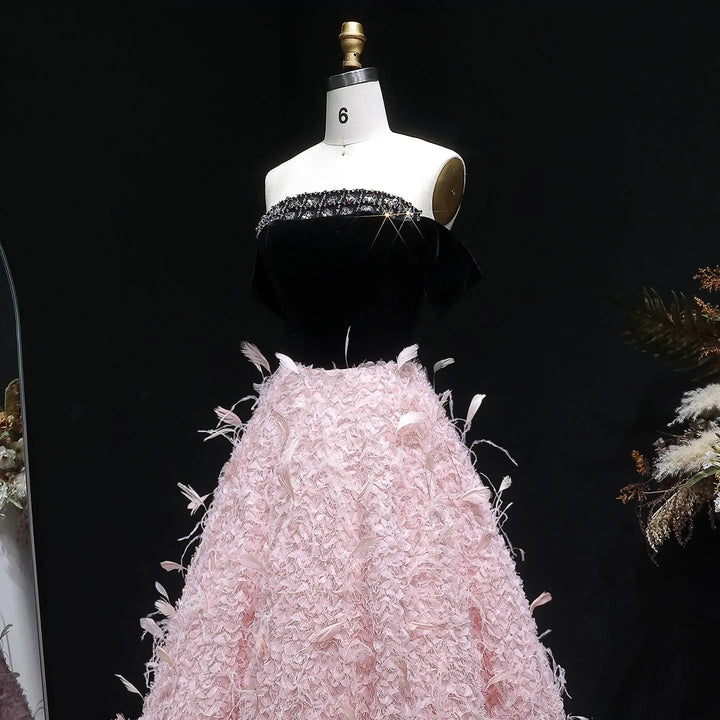 Luxury Pink Feather Ball Gown Off Shoulder Evening Dress SS721-DreamyVow