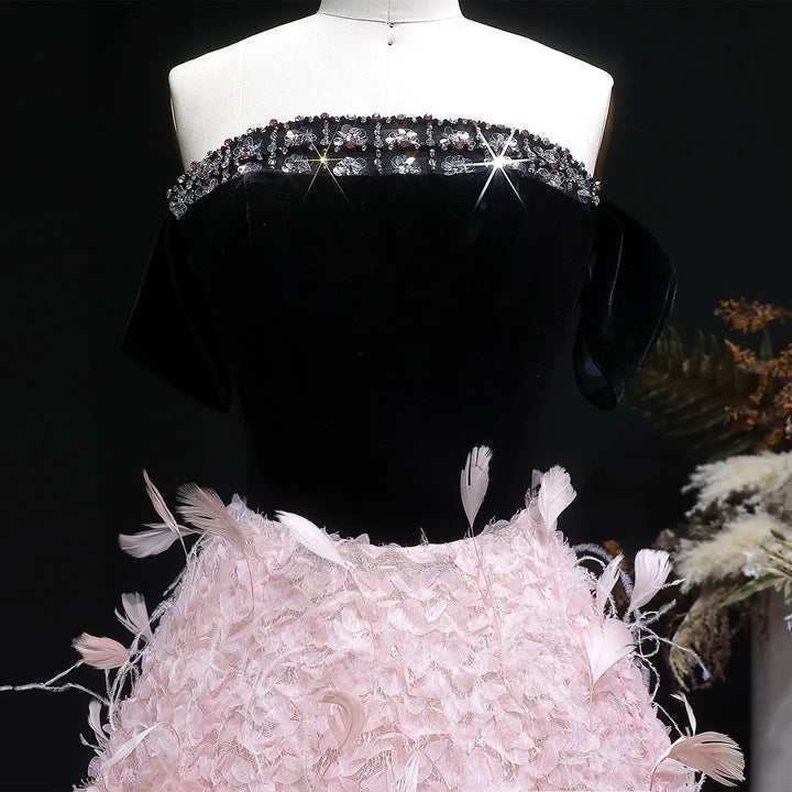 Luxury Pink Feather Ball Gown Off Shoulder Evening Dress SS721-DreamyVow