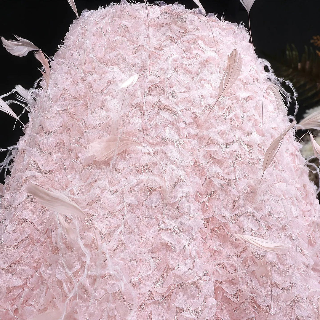 Luxury Pink Feather Ball Gown Off Shoulder Evening Dress SS721-DreamyVow