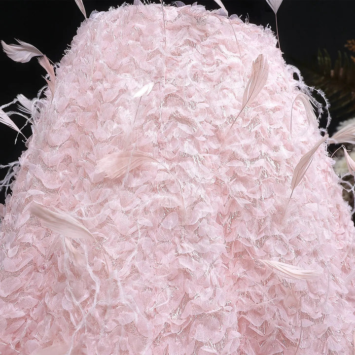 Luxury Pink Feather Ball Gown Off Shoulder Evening Dress SS721-DreamyVow