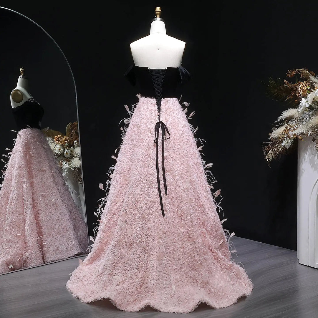 Luxury Pink Feather Ball Gown Off Shoulder Evening Dress SS721-DreamyVow