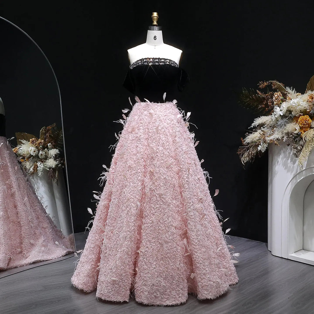 Luxury Pink Feather Ball Gown Off Shoulder Evening Dress SS721-DreamyVow