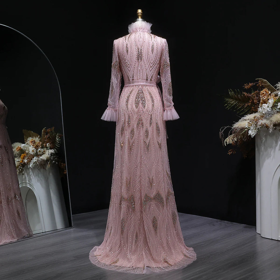 Luxury Pink High-Neck Beaded Evening Dress with Embroidered SS386-DreamyVow