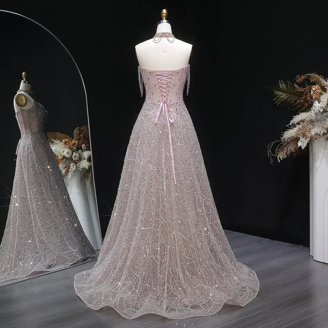 Luxury Pink Rhinestone Sequin Strapless Evening Gown SS744-DreamyVow