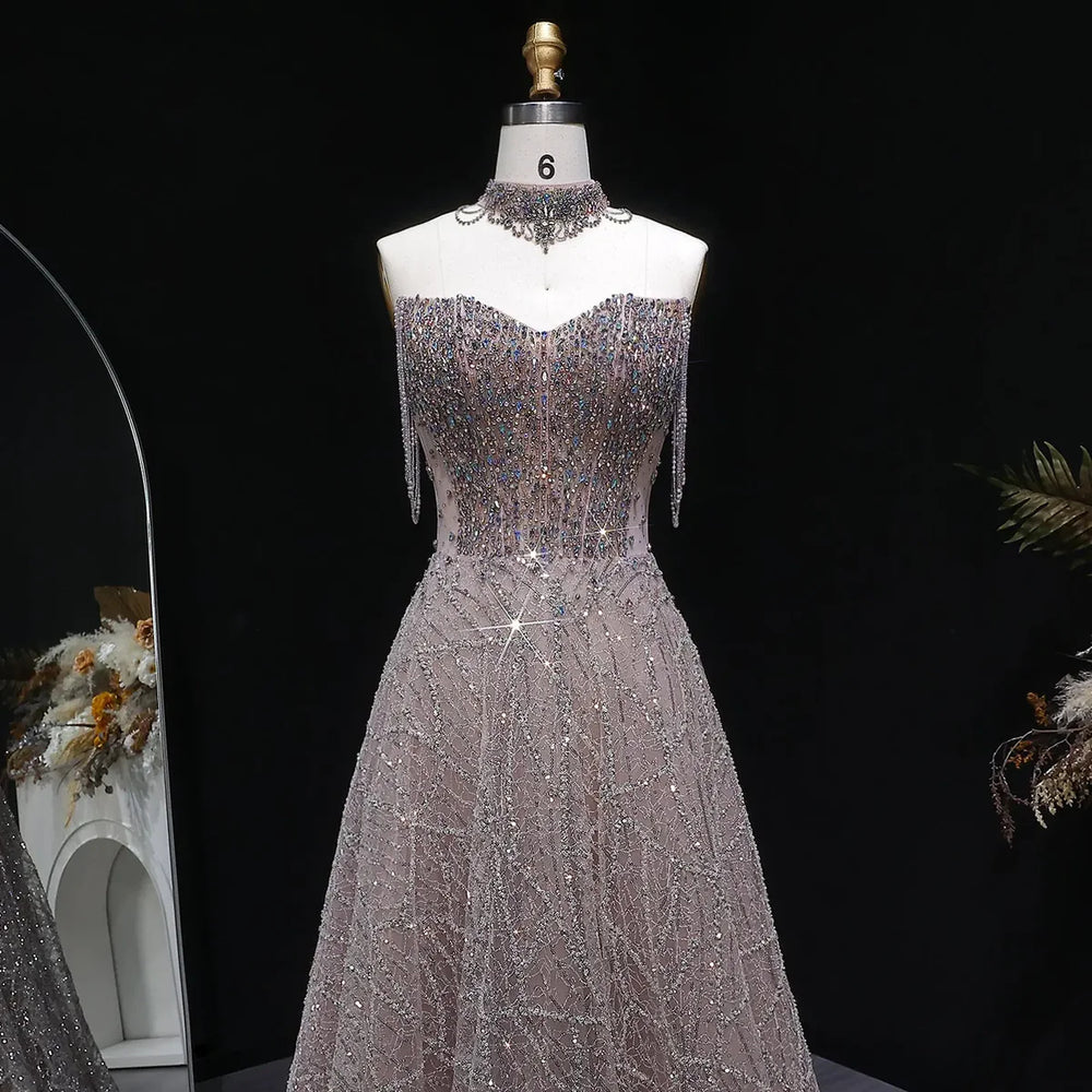 Luxury Pink Rhinestone Sequin Strapless Evening Gown SS744-DreamyVow