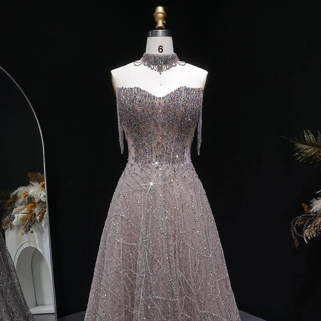 Luxury Pink Rhinestone Sequin Strapless Evening Gown SS744-DreamyVow