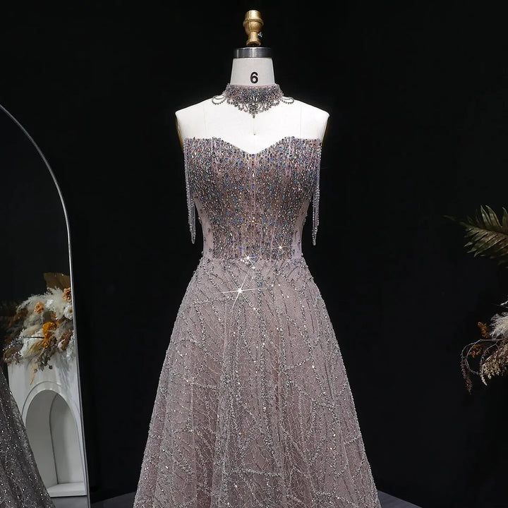 Luxury Pink Rhinestone Sequin Strapless Evening Gown SS744-DreamyVow