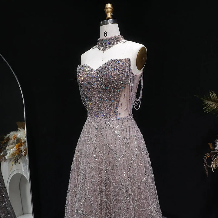 Luxury Pink Rhinestone Sequin Strapless Evening Gown SS744-DreamyVow