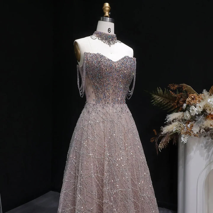 Luxury Pink Rhinestone Sequin Strapless Evening Gown SS744-DreamyVow
