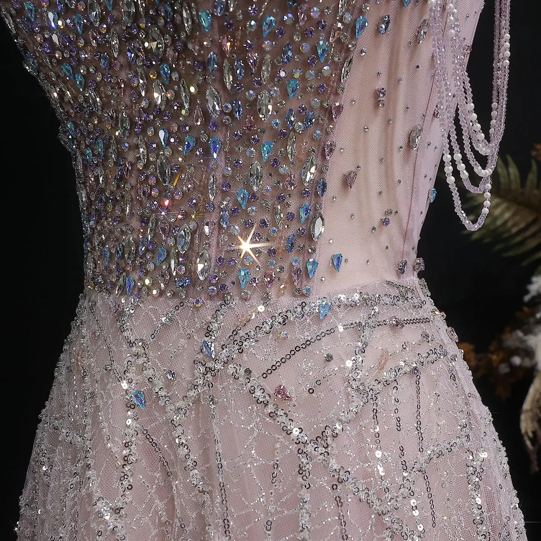 Luxury Pink Rhinestone Sequin Strapless Evening Gown SS744-DreamyVow